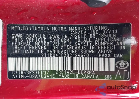 2013 Toyota Corolla S from USA, damaged, VIN 2T1BU4EEXDC124670